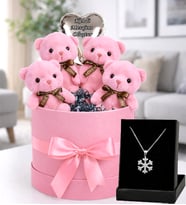 Hediye Seti Ayıcık Buketi 4’lü Pembe Love Ayıcık Hediye Kutusu, Kendi Mesajını Oluştur Balon & Kar Tanesi Kolye Seti