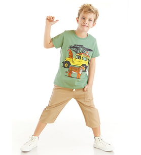 Safari Erkek Çocuk T-shirt Gabardin Şort Takım (Yeşil-Bej)