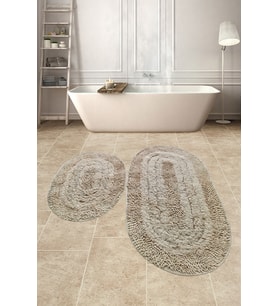 Doğal Pamuklu Spagetti Oval Vizon 2'li Banyo Paspası Seti Halısı Yıkanabilir
