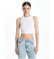 LCW Vision Beyaz Bisiklet Yaka Dokulu Kadın Crop