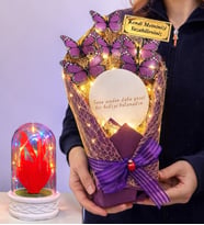 Kişiye Özel Aynalı Tasarım Led Işıklı Mor Kelebek Buketi (Renkli Işıklı Fanus Hediyeli) (Model 7)