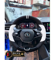 Skoda Kamiq Dikme Direksiyon Kılıfı Delikli Deri Parlak Siyah Beyaz Detay Çift Yüzük ve Dikiş 2019-2024