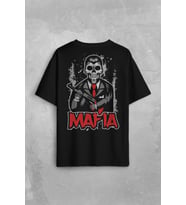 Skull Ganster Mafia Temalı Silahlı Adam Sırt Ön Baskılı Oversize Tişört Unisex T (Siyah)