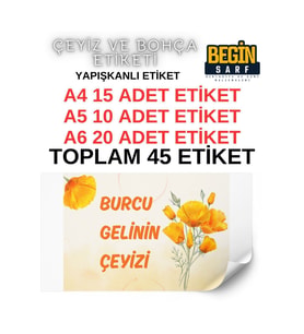 A4 A5 A6 45 Adet Çeyiz Bohça Koli Paket Etiketi Isme Özel Yapışlanlı Etiket 010