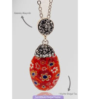 Sertifikalı Zirkon Taşlı Model Kırmızı Murano Kuvars Taşı Kolye (Kırmızı-Beyaz)