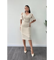 Krep Kumaş Büzgü Detaylı Kalem Elbise - BEJ