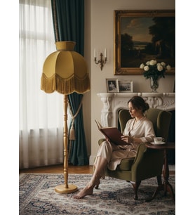Büyük Boy Taçlı Gold Kadife Başlık Gold Ahşap Ayaklı Lambader Vintage Model 170x50cm