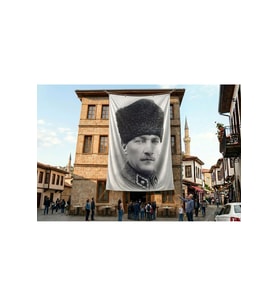 Siyah Beyaz Kalpaklı Atatürk Portresi Poster Bayrak Premium Raşel Kumaş ATA30