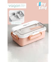 Vagonlife Tek Kat Çift Bölme Bento Lunch Box Ofis-Okul İçin Yeni Nesil Sefer Tası Paslanmaz Çelik 588 (Pudra)