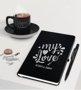 BK Gift Sevgililere Özel İsimli Siyah Defter Kalem ve Türk Kahvesi Fincanı Hediye Seti-9,  Sevgiliye Hediye, Sevgililer Günü, Yeni İş Hediyesi