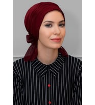 Bordo Pratik Hazır Geçmeli Tesettür Bone Sandy Kumaş İncili Pileli Nervürlü Güllü 1805_16