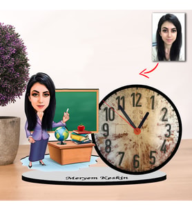 Kişiye özel Karikatür  ÖĞRETMEN Kadın tasarımlı Masaüstü Saat, Öğretmenler Günü Hediyesi, Öğretmene hediye  M3