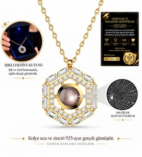 Premium Işıklı Kutuda 925 Ayar Gümüş Altın Kaplama Altıgen Baget 100 Dilde Seni Seviyorum Kolye