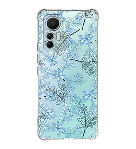 Xiaomi Mi 12 Lite Uyumlu Köşe Korumalı Antişok Kapak Floral Mavi Tasarımlı Şeffaf Silikon Kılıf