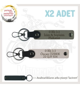 Motosiklet Sürücüsüne, İsim Plaka ve 0 Rh (+) Yazılı Acil Durum x2 Anahtarlıklar, Kül Gri-Pudra-Laci (Çok Renkli)