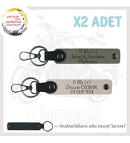 Motosiklet Sürücüsüne, İsim Plaka ve 0 Rh (+) Yazılı Acil Durum x2 Anahtarlıklar, Kül Gri-Pudra-Laci (Çok Renkli)