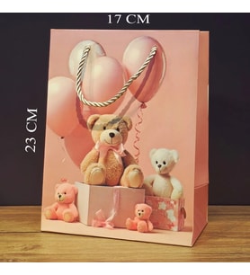 Ayıcık Desenli Pembe Küçük Boy Karton Hediye Çantası