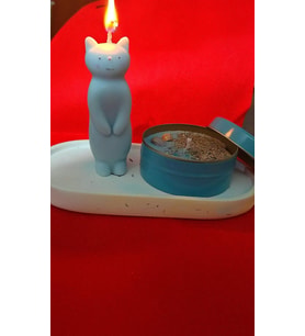 Hediyelik: Kedilerin mum, teneke mum ve terrazzo tabağından oluşan 3'lü set