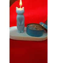 Hediyelik: Kedilerin mum, teneke mum ve terrazzo tabağından oluşan 3'lü set (Mavi)