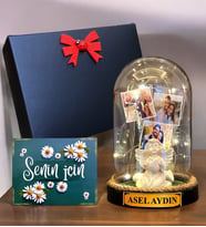 Sizlere Özel İsimli ve 3 Fotoğraflı Led Işıklı Fanus, Siyah Hediye Kutusunda (Model 2)