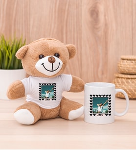 Kişiye Özel Kalp Detaylı Fotoğraflı  Peluş Ayı ve Beyaz Kupa