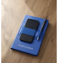 Kişiye Özel Telefon Bölmeli Ajanda ve Kalem Seti (Mavi)
