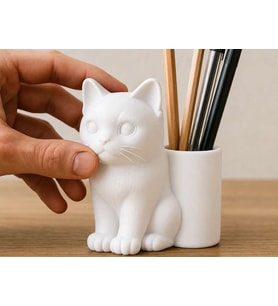 3D Baskı Kedi Figürlü Kalemlik - Masaüstü Organizer - Beyaz