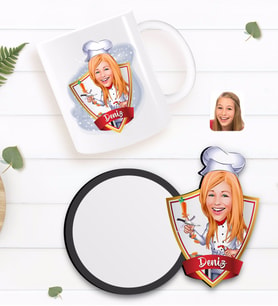 BK Gift Kişiye Özel Kadın Chef Karikatürlü Beyaz Kupa ve Ahşap Bardak Altlığı Hediye Seti-1