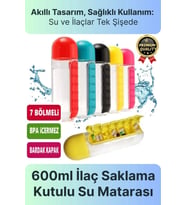Özel Üretim Pillbox Suluk Organizer %100 BPA İçermez 7 Gün Hap İlaç Saklama Kutulu 600ml Su Matarası