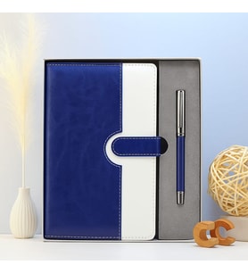 Kişiye Özel Mavi Beyaz Vip Deri Kapaklı Defter Ve Metal Kalem Set (MAVI-BEYAZ)
