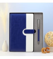 Kişiye Özel Mavi Beyaz Vip Deri Kapaklı Defter Ve Metal Kalem Set (MAVI-BEYAZ)