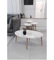 Tokyo Orta Sehpa ve Zigon Sehpa 4'lü Ahşap Ayaklı Salon Seti Sehpa - Beyaz Mermer Desenli