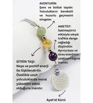 Doğal Taşlı Metal Ayetel Kürsi Dualı Araba Dikiz Ayna Süsü, Ametist, Sitrin Taşı, Aventurin
