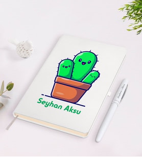 BK Gift Kişiye Özel İsimli Kaktüs Tasarımlı Beyaz Defter ve Kalem Seti-3