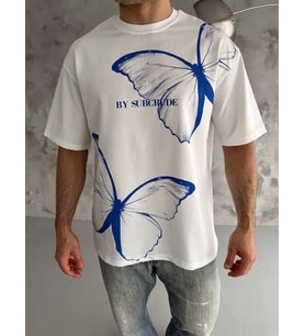 pilelistore- Unisex Bisiklet Yaka Baskılı Oversize T-Shirt - Beyaz