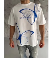 pilelistore- Unisex Bisiklet Yaka Baskılı Oversize T-Shirt - Beyaz