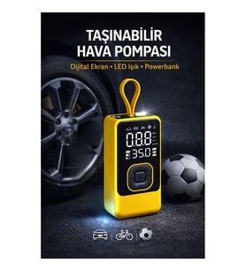 Taşınabilir Hava Pompası Dijital Ekranlı LED Işıklı Type-C Şarjlı Araç Bisiklet Top Lastik Şişirme Kompresörü (Sarı)