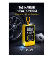 Taşınabilir Hava Pompası Dijital Ekranlı LED Işıklı Type-C Şarjlı Araç Bisiklet Top Lastik Şişirme Kompresörü (Sarı)