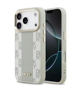 Apple iPhone 17 Pro Uyumlu Kılıf DKNY Orjinal Lisanslı M-safe Şarj Özellikli 3D Yazılı Checkered Pattern Kapak (Bej)