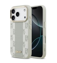 Apple iPhone 17 Pro Uyumlu Kılıf DKNY Orjinal Lisanslı M-safe Şarj Özellikli 3D Yazılı Checkered Pattern Kapak (Bej)
