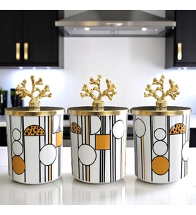Baharatlık Silindir 3 lü Kahve Köşesi Seti Geometrik Desenli Siyah 750 ml Hacimli Gold