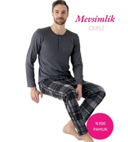 Seamlife Erkek Ekose Desen %100 Pamuk Mevsimlik Uzun Kol Cepli Pijama Takımı (Antrasit)