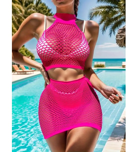 pilelistore- Kadın Balıkçı Yaka Delikli Krop Bluz Ve Etek Triko Ikili Takım (Pembe)