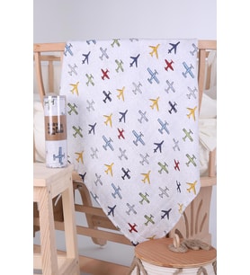 Babyhola Müslin Örtü 80x80cm Uçak Desen Organik Hediyelik Emzirme Alt Açma Yenidoğan Puset Örtüsü