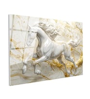 Tamperli Gerçek Cam Tablo Altın Detaylı Mermer Görünümlü At Tablosu Duvar Dekoru