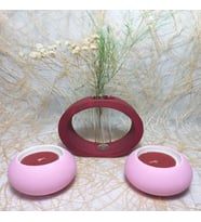 Yuvarlak Formlu Cam Tüplü Dekoratif Vazo, İkili Mumluk Set Beyaz (Bordo-Pembe)