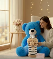 Premium 90 cm Peluş Ayı ve Silindir Kraft Kalpli Kutuda, Kalpli Balonlu 6’lı BOZ Ayıcık Buketi (Koyu Mavi)