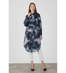 Fular Yaka Detaylı Saten Tunik - Gri