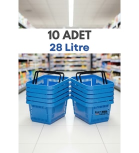 10 Adet - 28 Litre Plastik Market Alışveriş Sepeti Saplı Dayanıklı Market Mağaza El Sepeti Mavi