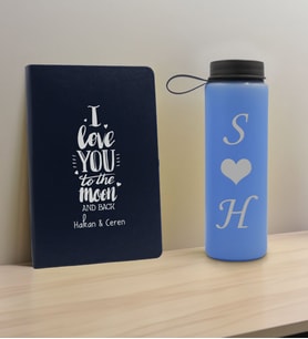 BK Gift Sevgiliye Özel İsimli Lacivert Defter ve Mavi Cam Matara Hediye Seti-2, Sevgiliye Hediye, Sevgililer Günü, Yeni İş Hediyesi